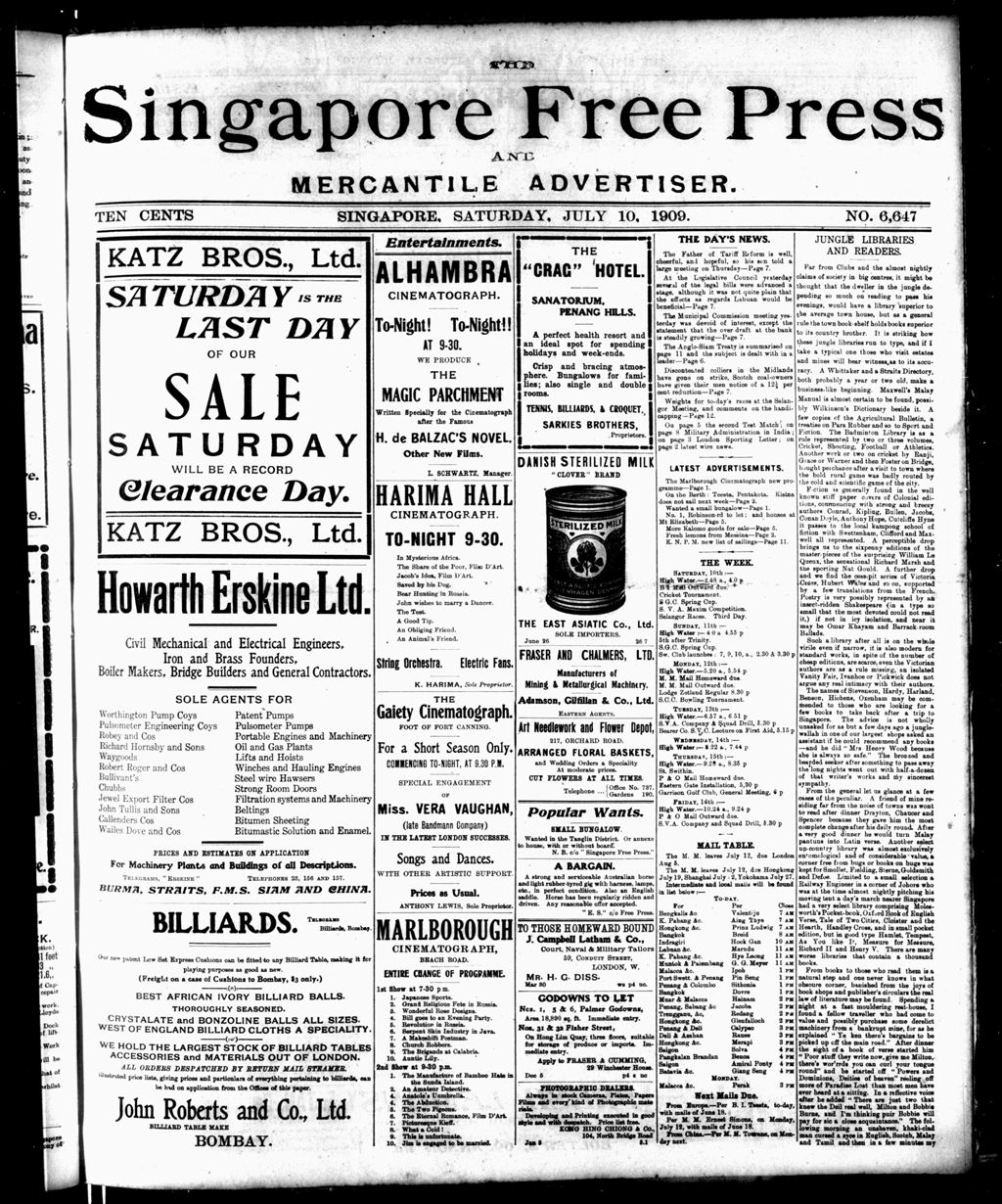 Miniature of Singapore Free Press and Mercantile Advertiser 10 July 1909