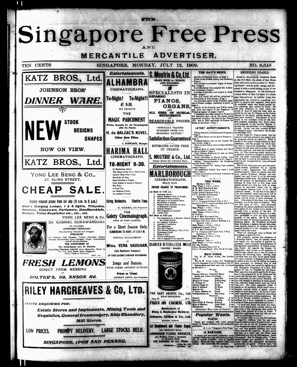 Miniature of Singapore Free Press and Mercantile Advertiser 12 July 1909