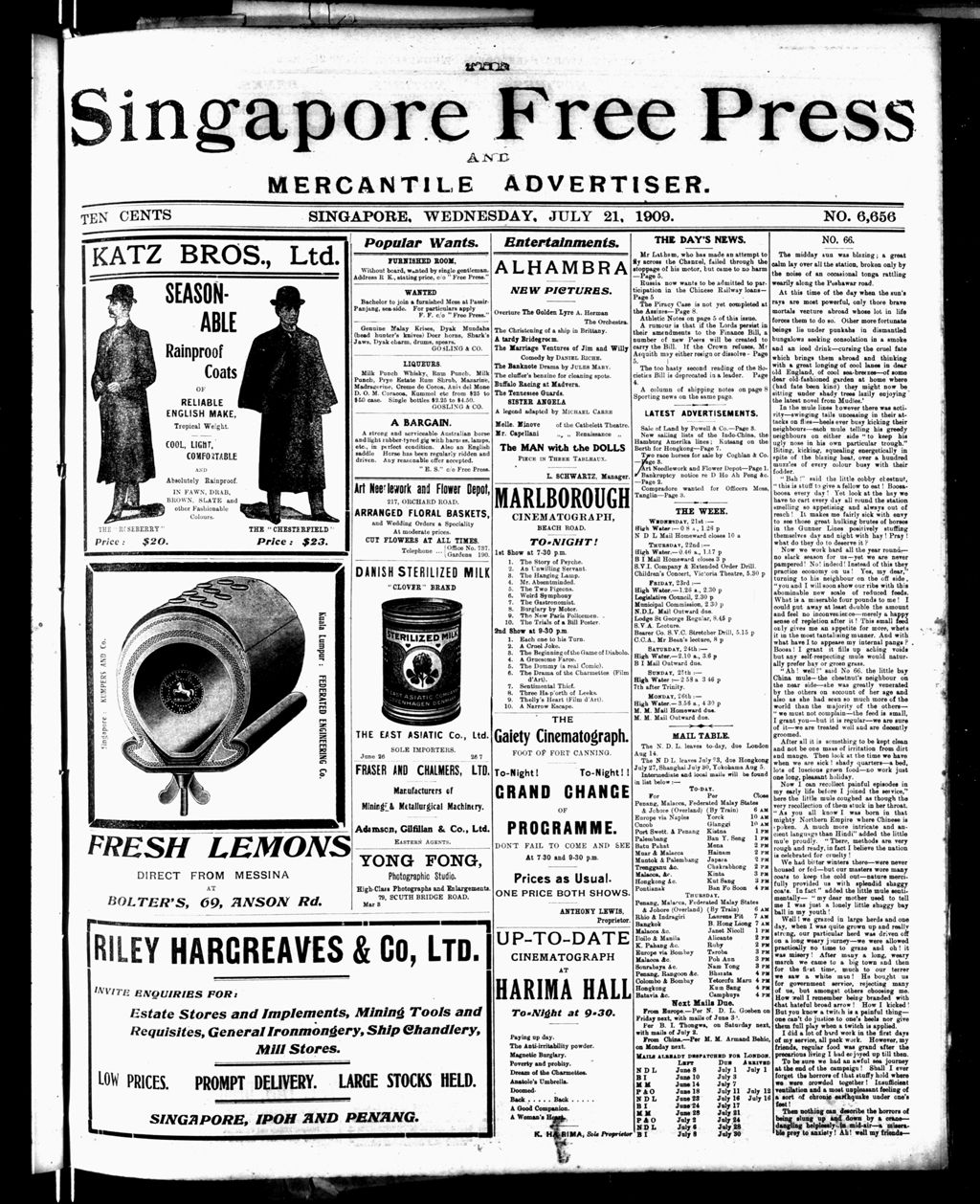 Miniature of Singapore Free Press and Mercantile Advertiser 21 July 1909