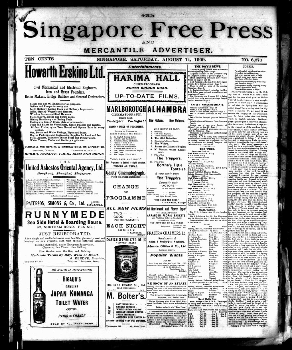 Miniature of Singapore Free Press and Mercantile Advertiser 14 August 1909