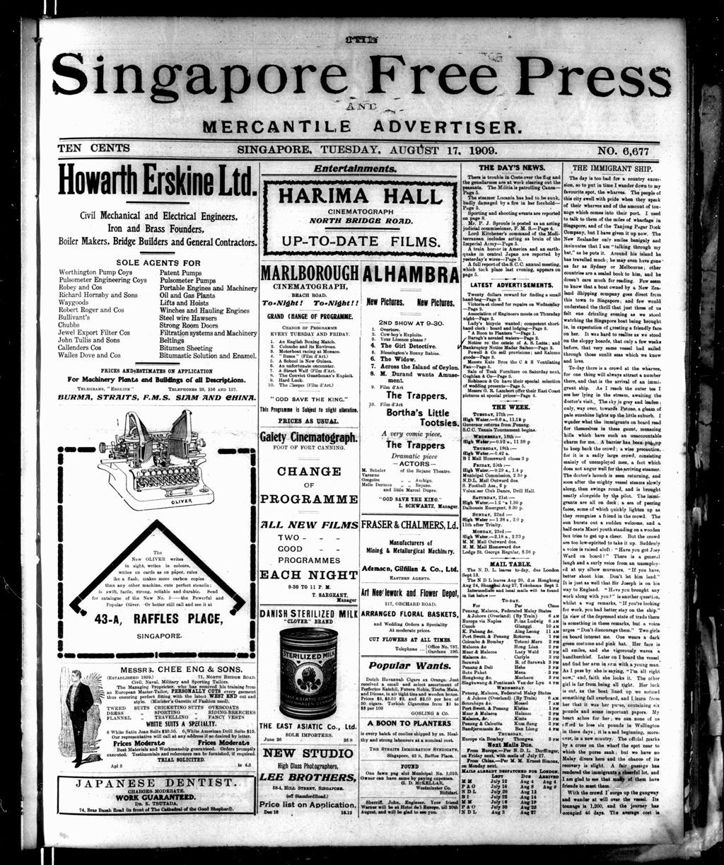 Miniature of Singapore Free Press and Mercantile Advertiser 17 August 1909