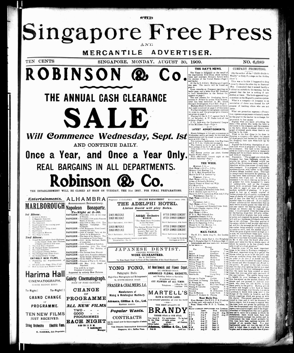 Miniature of Singapore Free Press and Mercantile Advertiser 30 August 1909