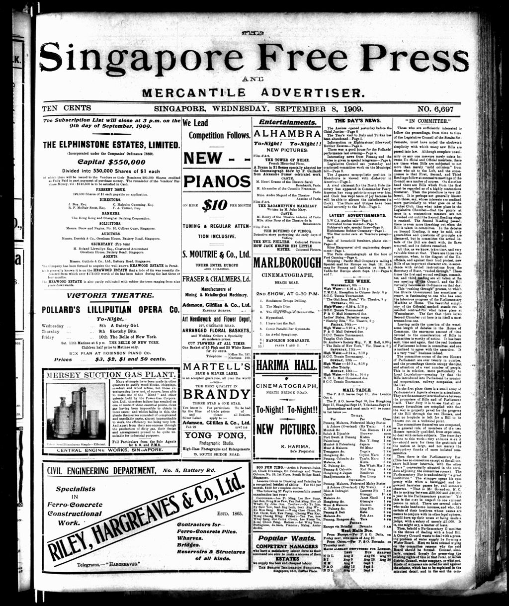 Miniature of Singapore Free Press and Mercantile Advertiser 08 September 1909