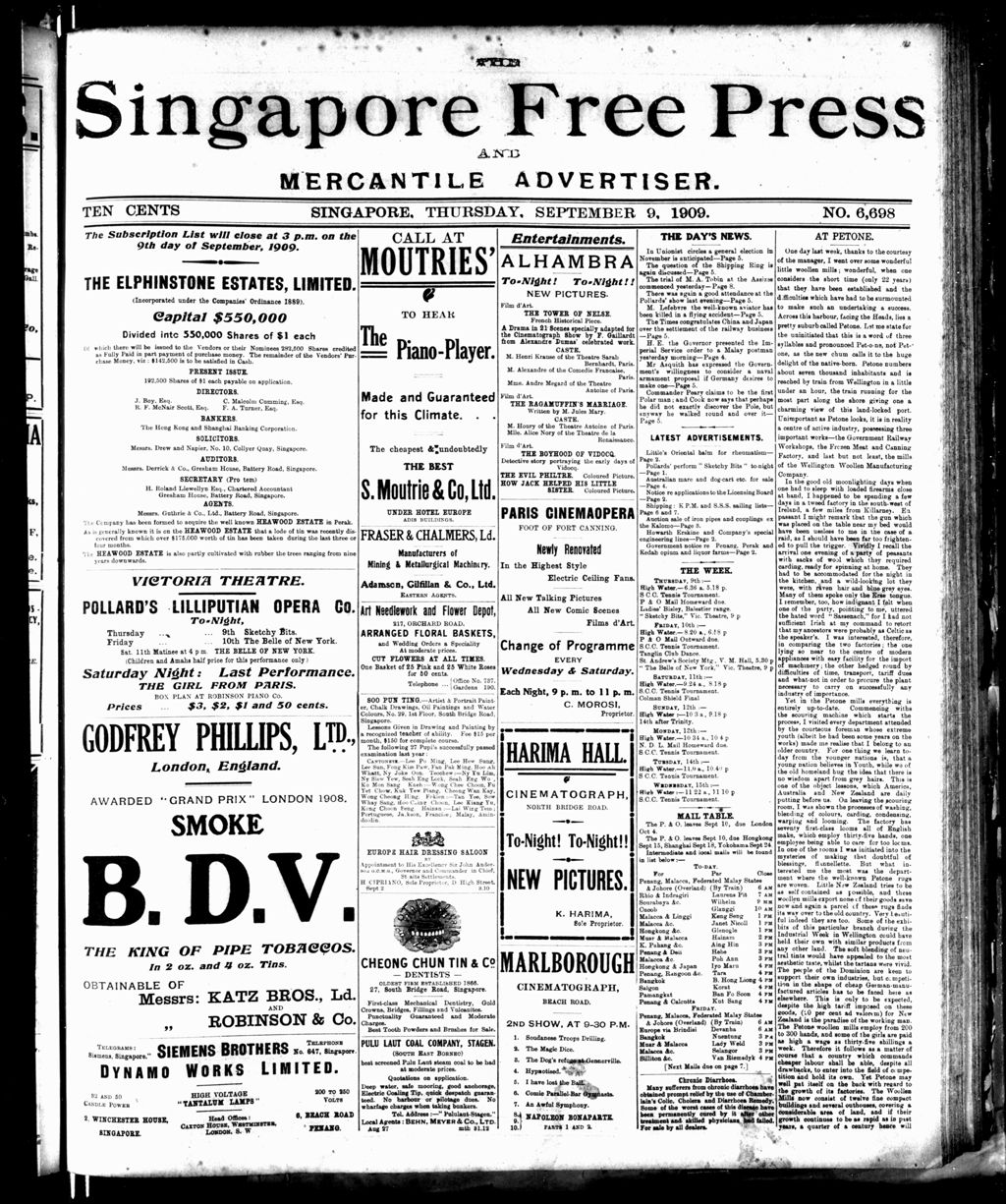 Miniature of Singapore Free Press and Mercantile Advertiser 09 September 1909