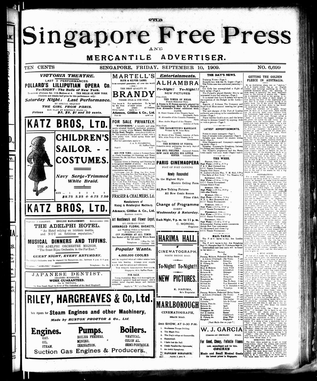 Miniature of Singapore Free Press and Mercantile Advertiser 10 September 1909