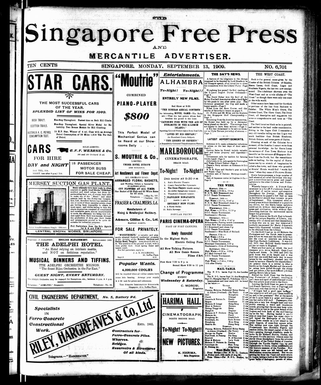 Miniature of Singapore Free Press and Mercantile Advertiser 13 September 1909