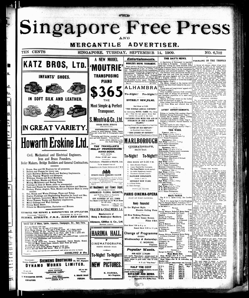 Miniature of Singapore Free Press and Mercantile Advertiser 14 September 1909