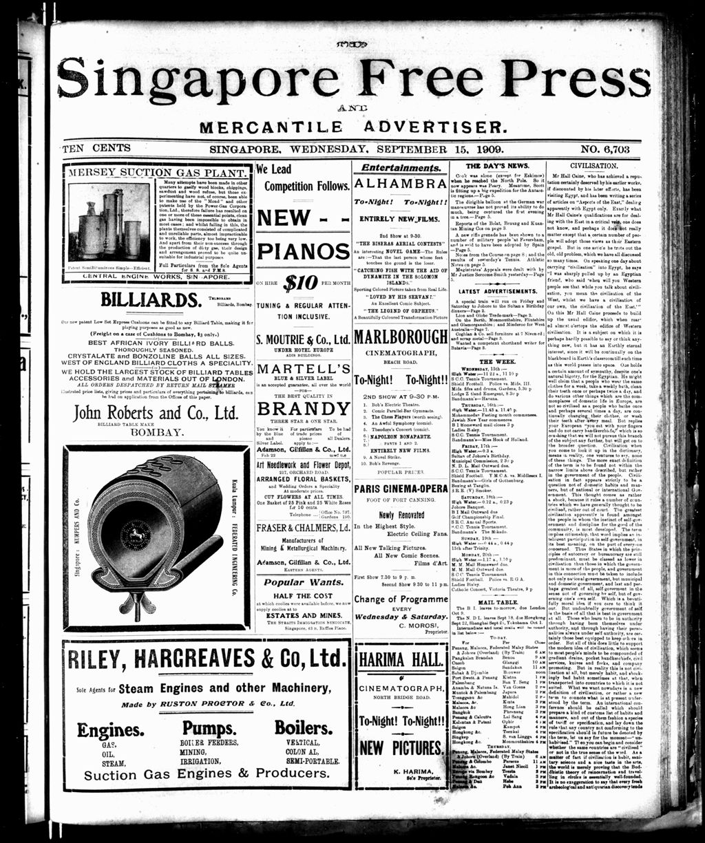 Miniature of Singapore Free Press and Mercantile Advertiser 15 September 1909