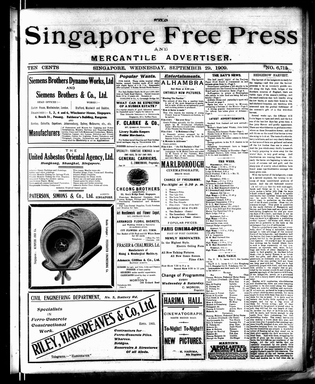 Miniature of Singapore Free Press and Mercantile Advertiser 29 September 1909