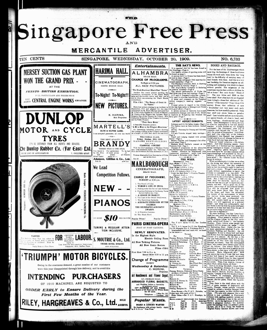 Miniature of Singapore Free Press and Mercantile Advertiser 20 October 1909