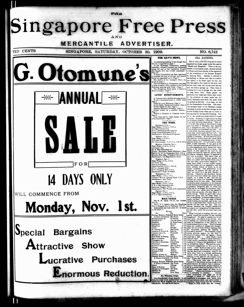 Miniature of Singapore Free Press and Mercantile Advertiser 30 October 1909