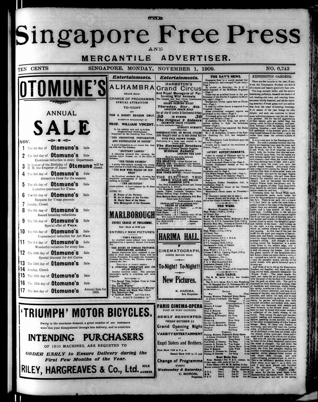 Miniature of Singapore Free Press and Mercantile Advertiser 01 November 1909