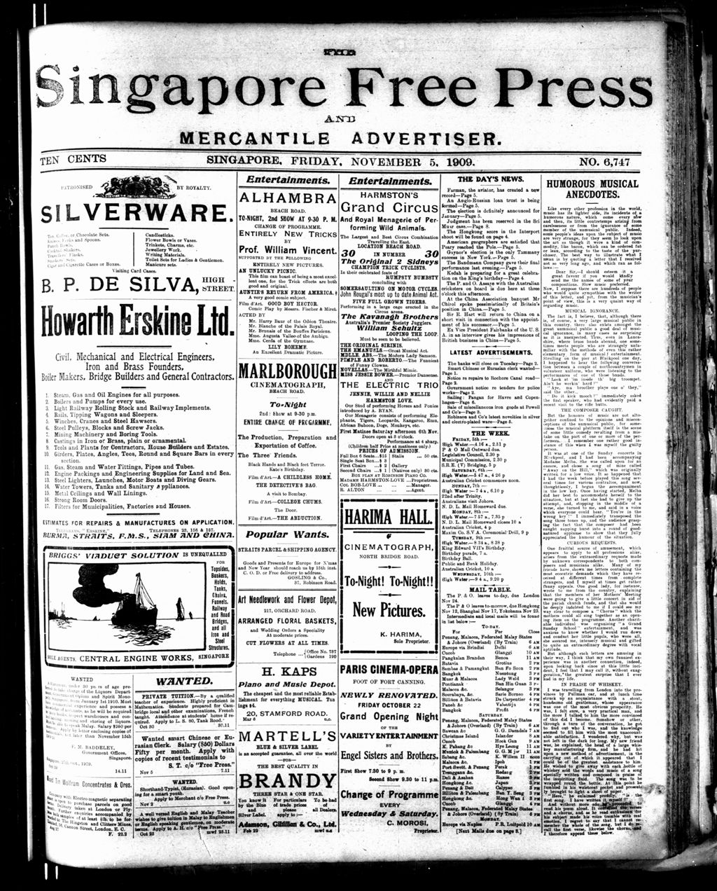 Miniature of Singapore Free Press and Mercantile Advertiser 05 November 1909