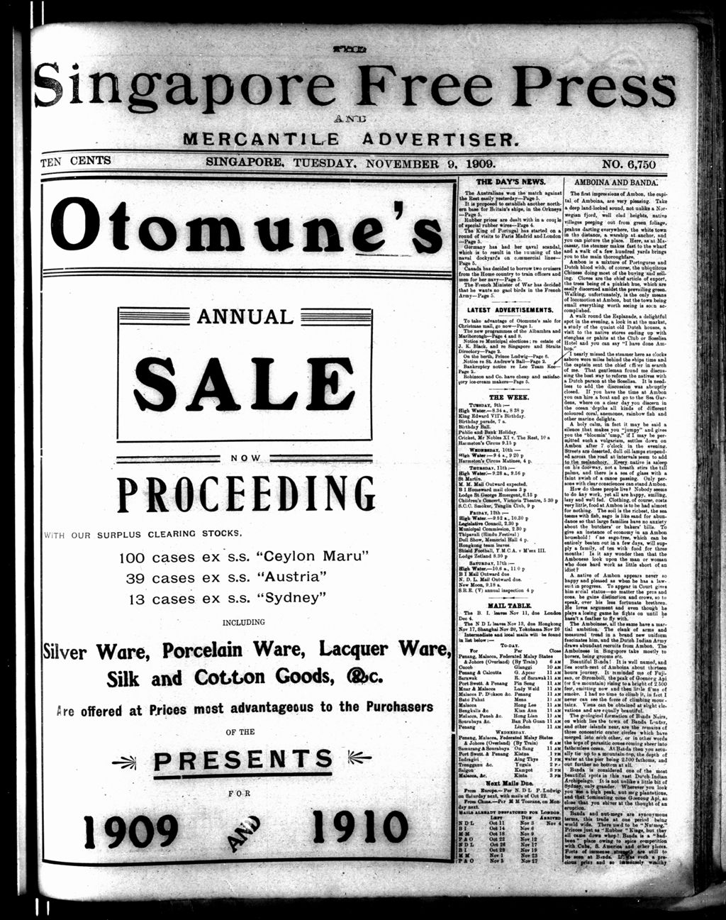 Miniature of Singapore Free Press and Mercantile Advertiser 09 November 1909