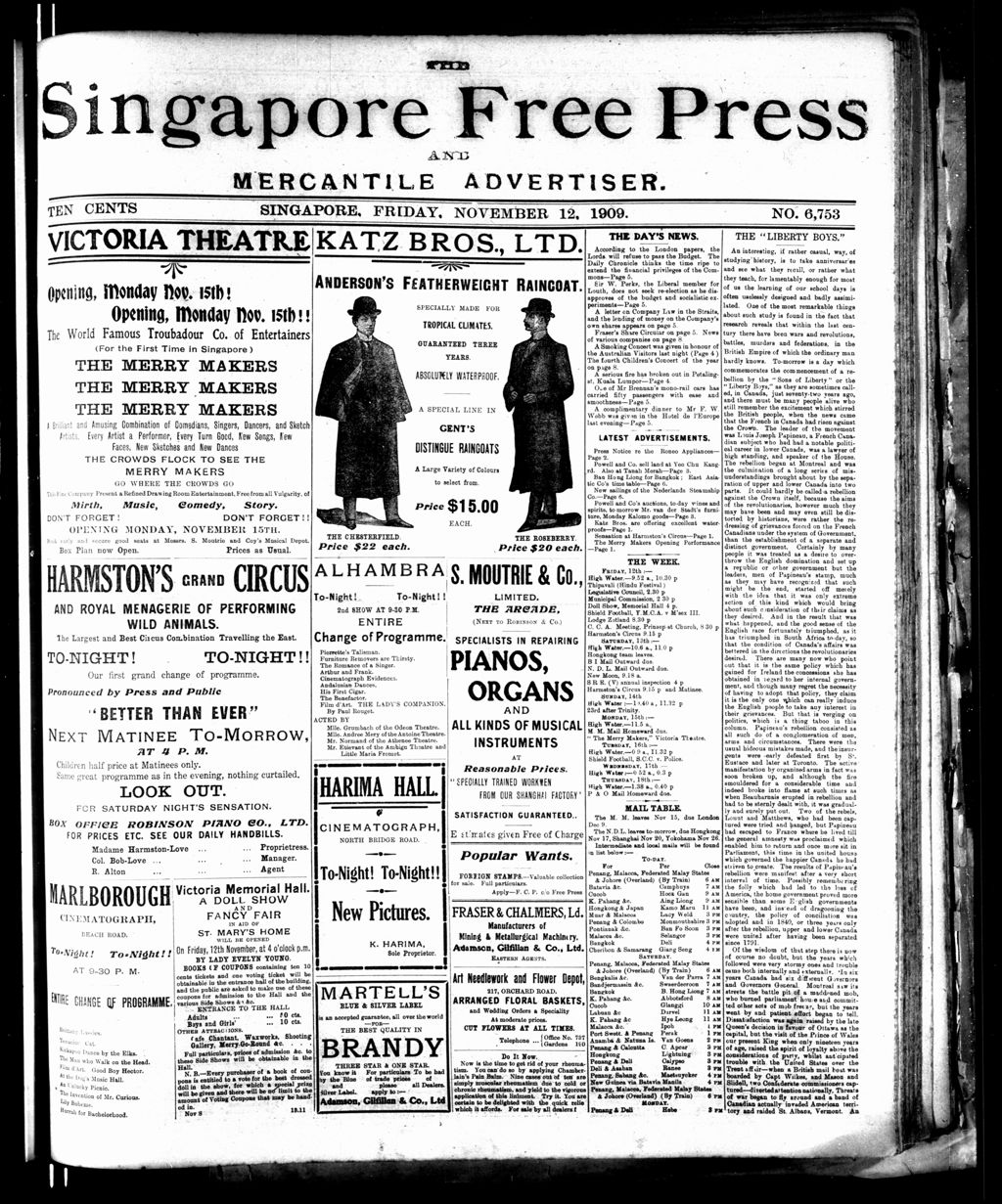 Miniature of Singapore Free Press and Mercantile Advertiser 12 November 1909