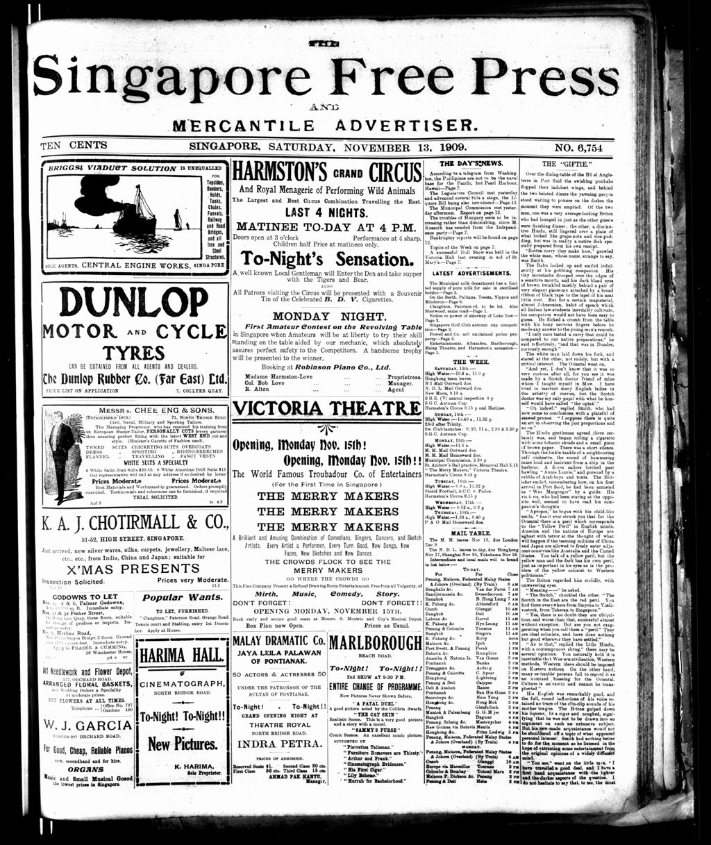 Miniature of Singapore Free Press and Mercantile Advertiser 13 November 1909