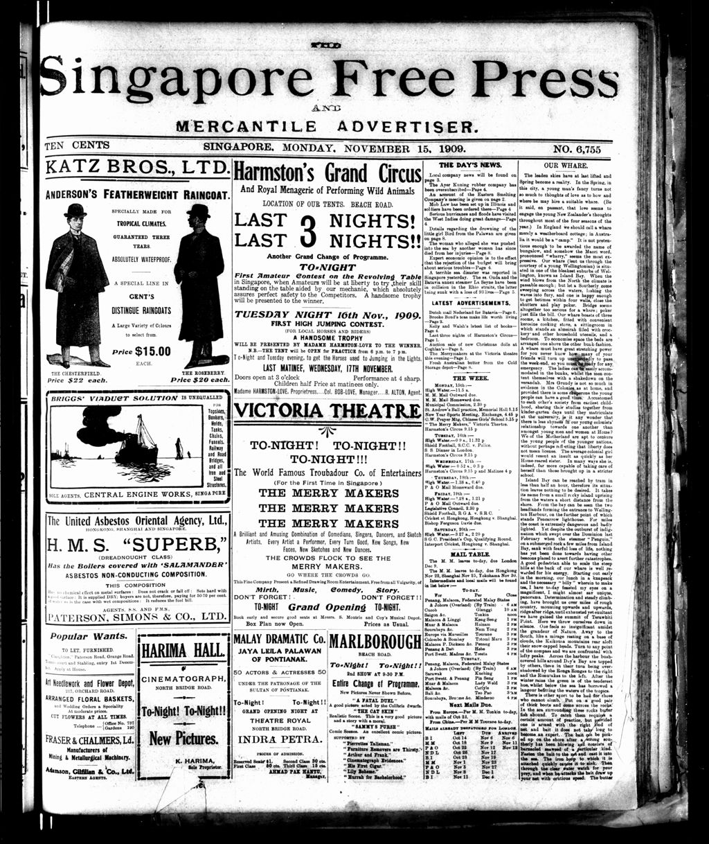 Miniature of Singapore Free Press and Mercantile Advertiser 15 November 1909