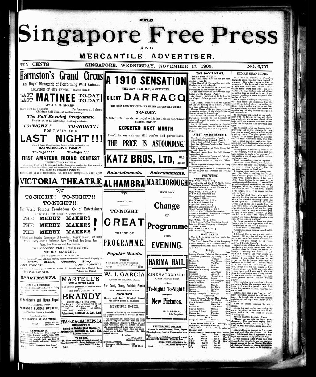 Miniature of Singapore Free Press and Mercantile Advertiser 17 November 1909