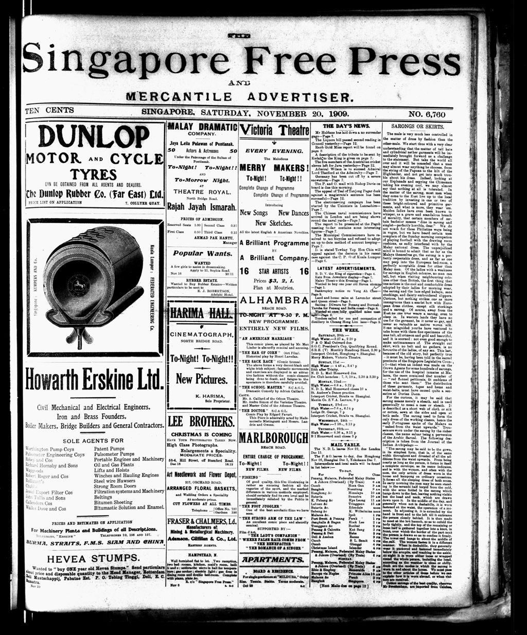 Miniature of Singapore Free Press and Mercantile Advertiser 20 November 1909