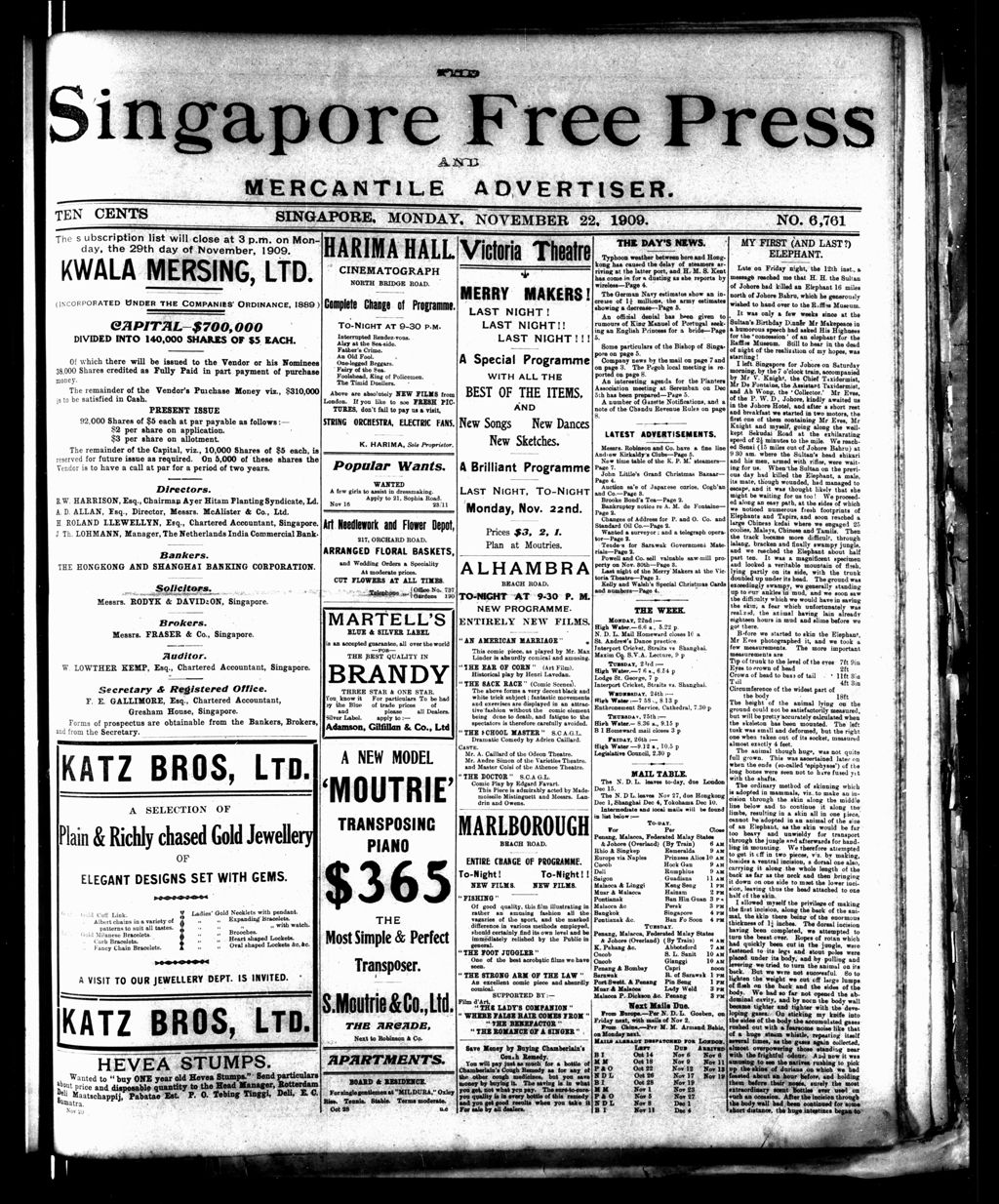 Miniature of Singapore Free Press and Mercantile Advertiser 22 November 1909