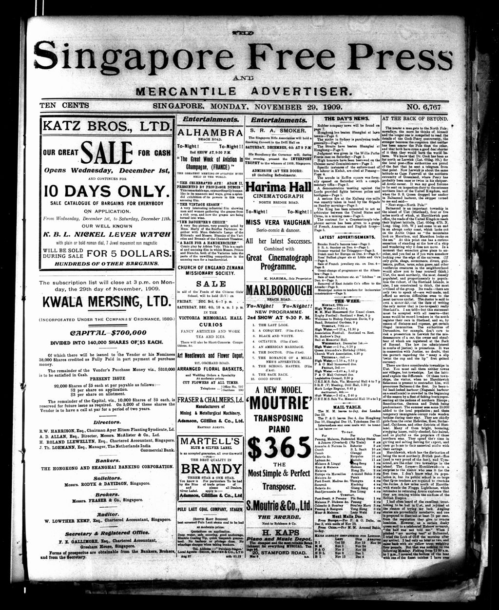 Miniature of Singapore Free Press and Mercantile Advertiser 29 November 1909