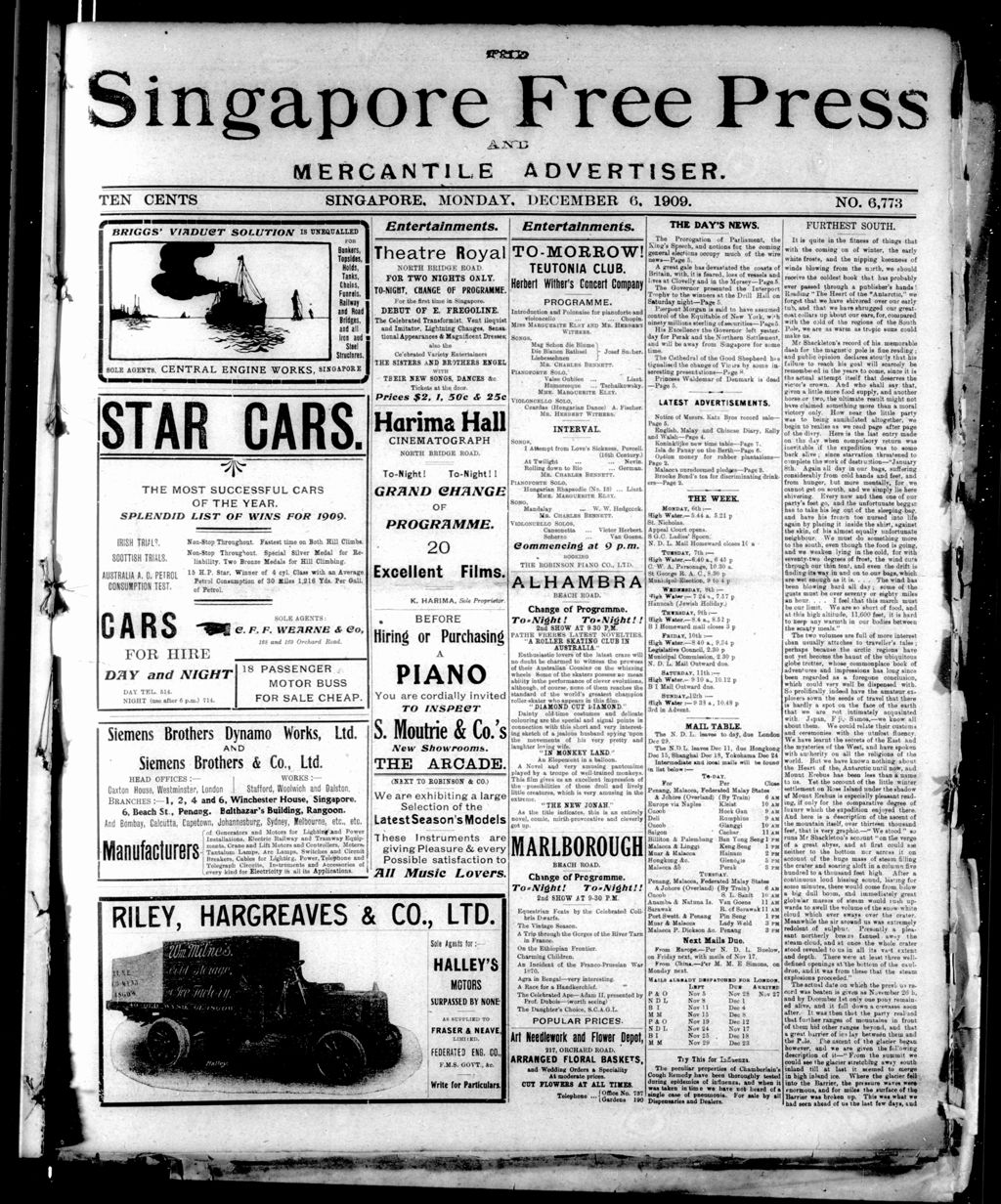 Miniature of Singapore Free Press and Mercantile Advertiser 06 December 1909