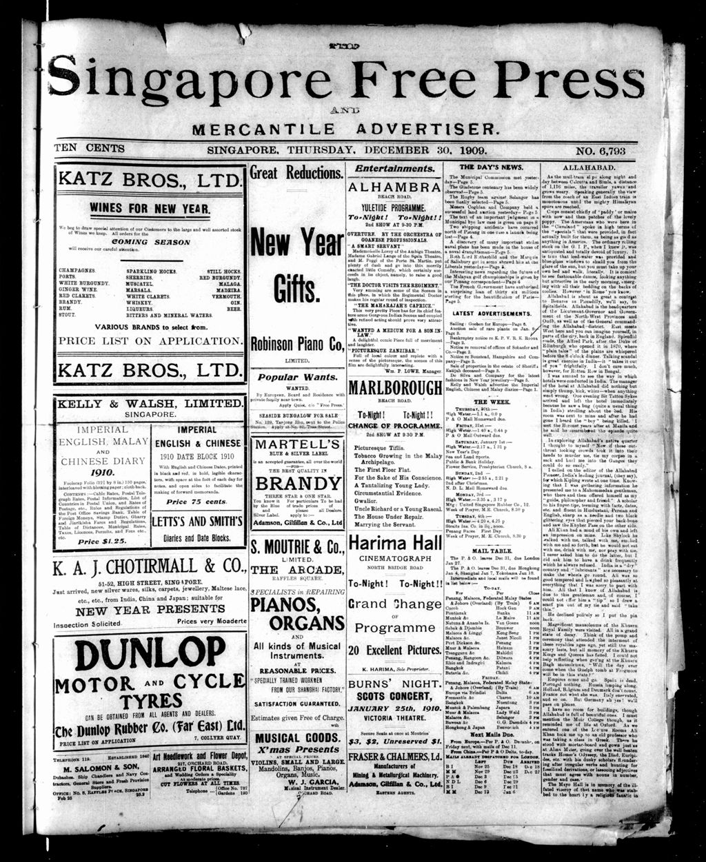 Miniature of Singapore Free Press and Mercantile Advertiser 30 December 1909