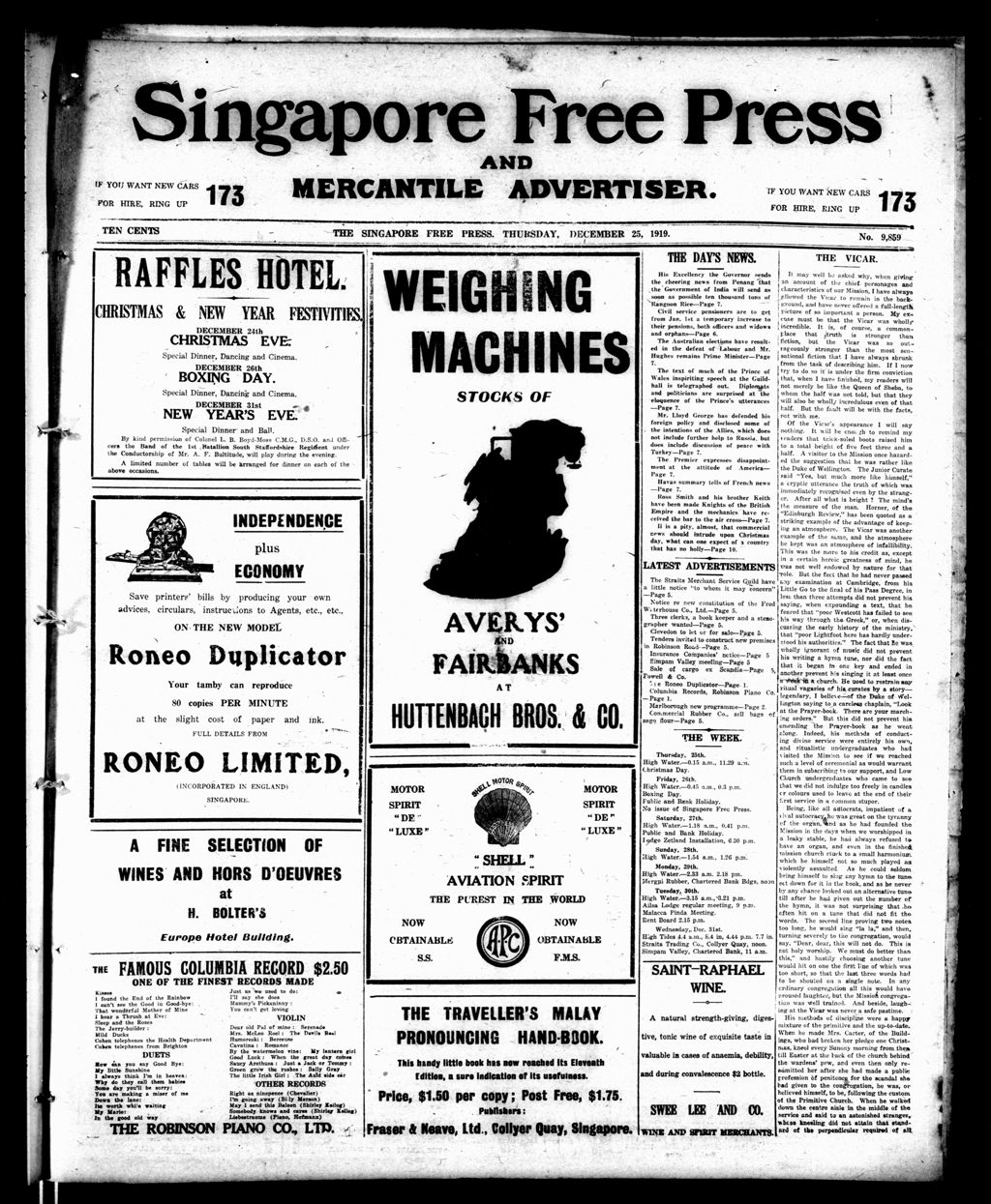 Miniature of Singapore Free Press and Mercantile Advertiser 25 December 1919