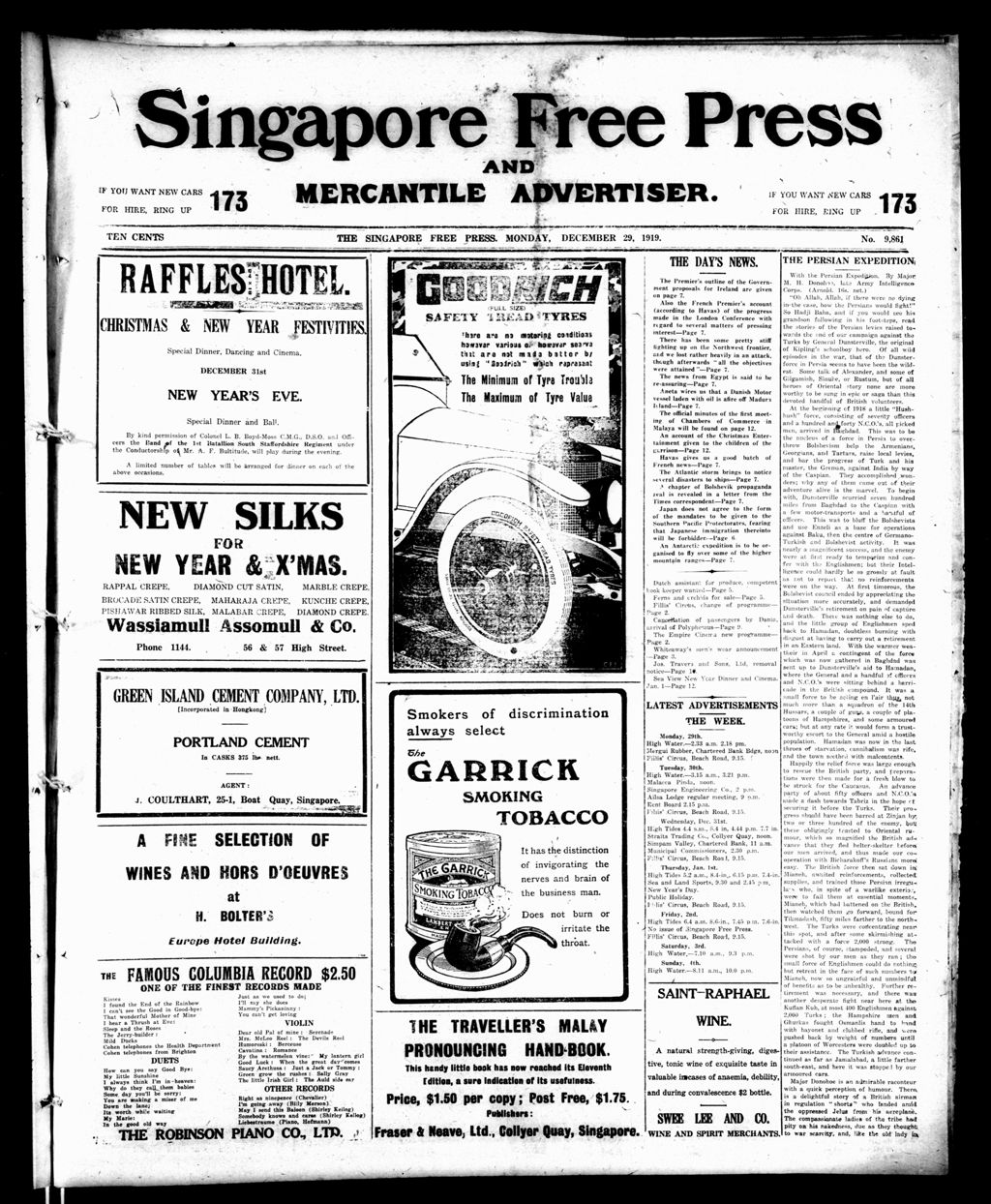 Miniature of Singapore Free Press and Mercantile Advertiser 29 December 1919