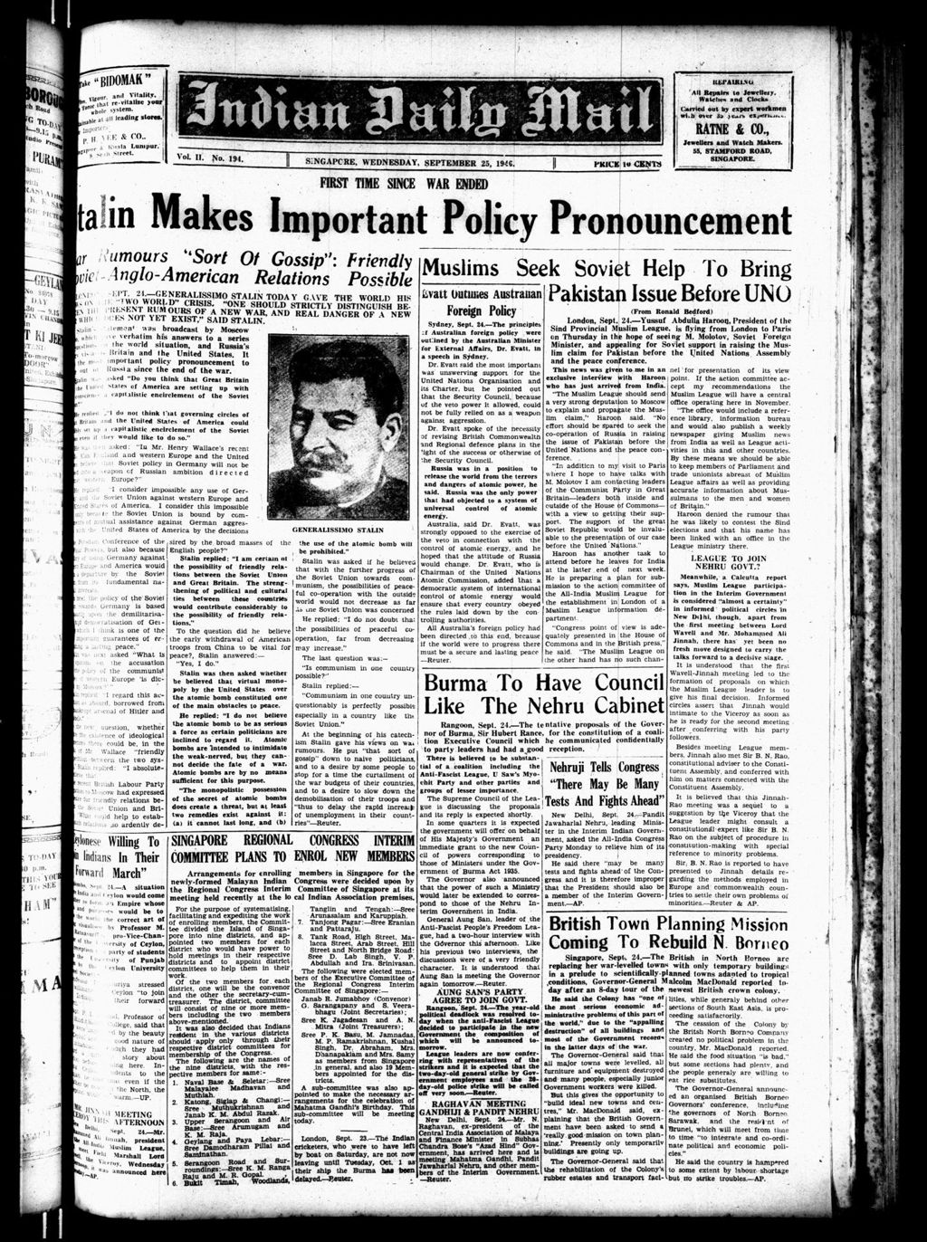 Miniature of Indian Daily Mail 25 September 1946