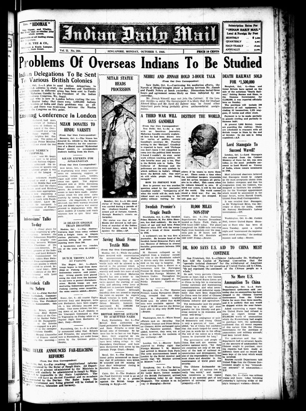 Miniature of Indian Daily Mail 07 October 1946