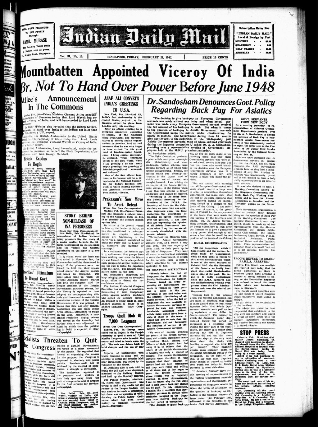 Miniature of Indian Daily Mail 21 February 1947