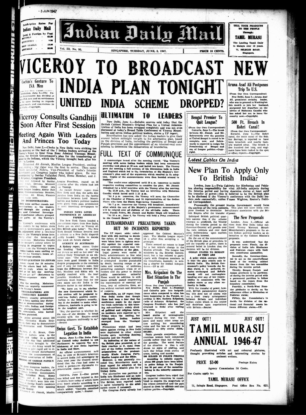 Miniature of Indian Daily Mail 03 June 1947