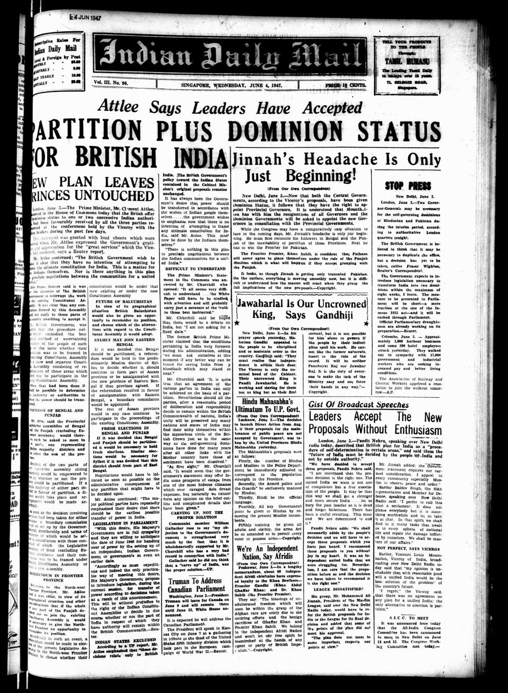 Miniature of Indian Daily Mail 04 June 1947