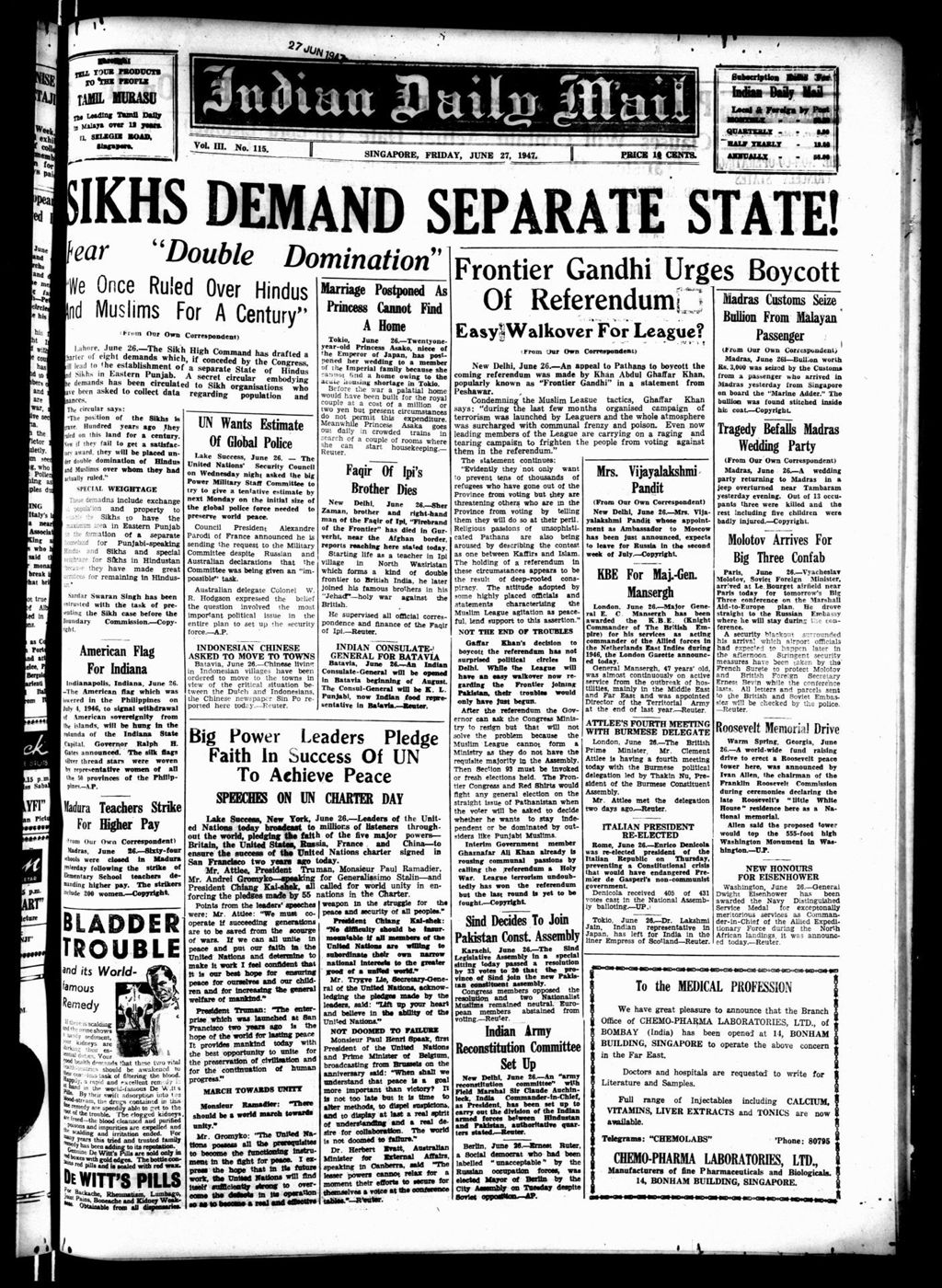 Miniature of Indian Daily Mail 27 June 1947