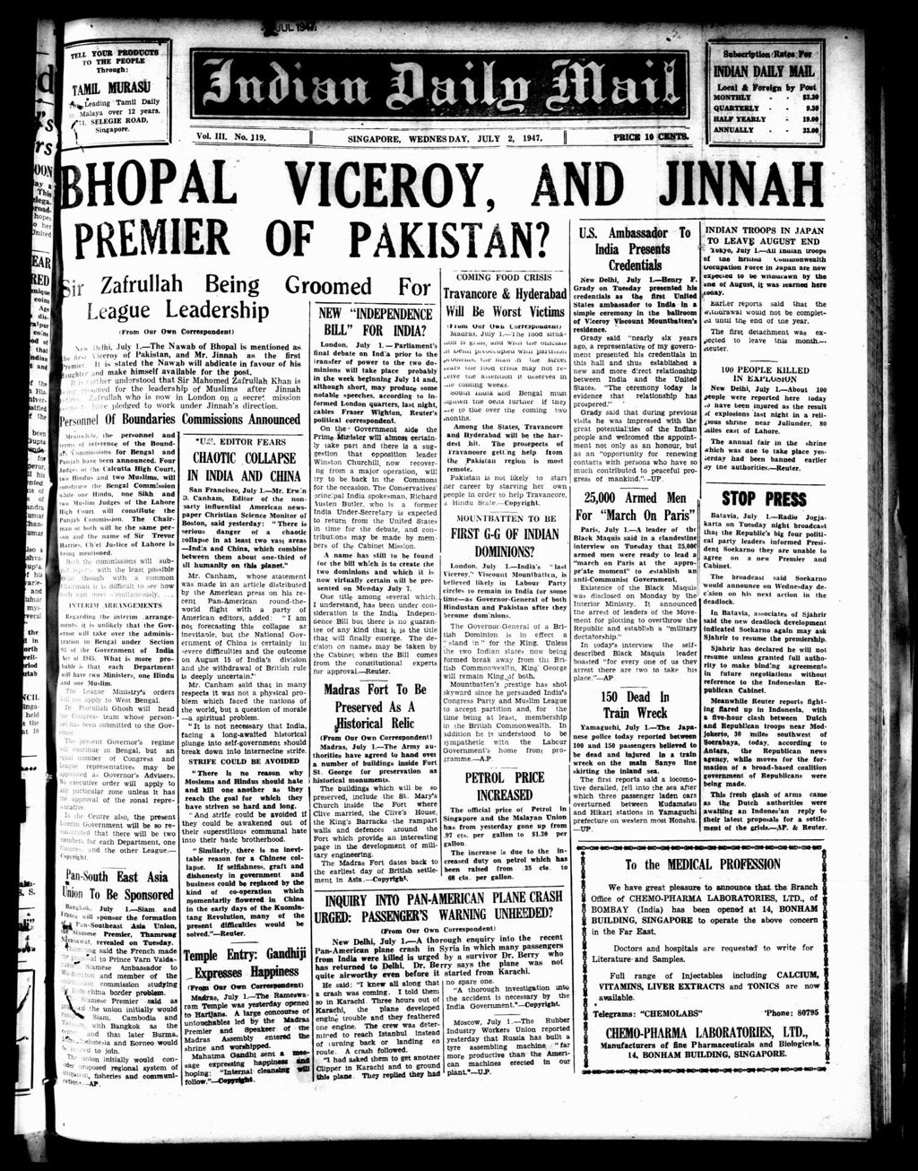 Miniature of Indian Daily Mail 02 July 1947