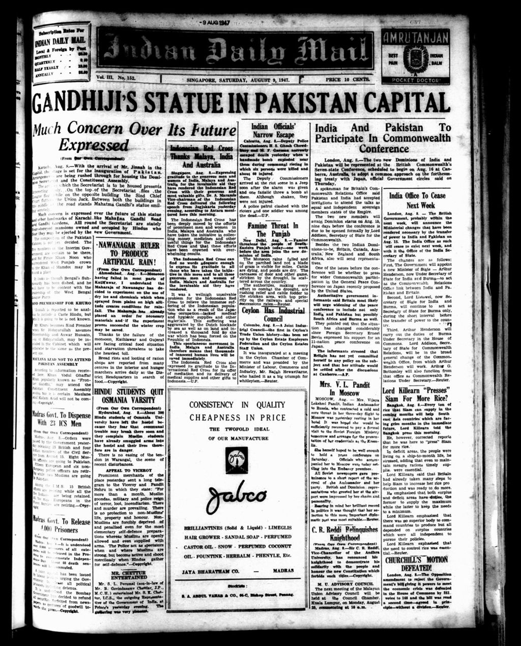 Miniature of Indian Daily Mail 09 August 1947