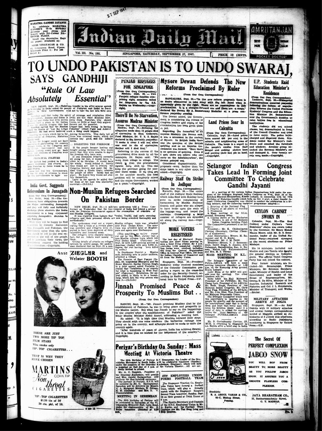 Miniature of Indian Daily Mail 27 September 1947