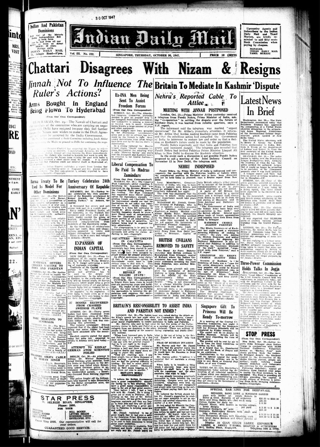 Miniature of Indian Daily Mail 30 October 1947