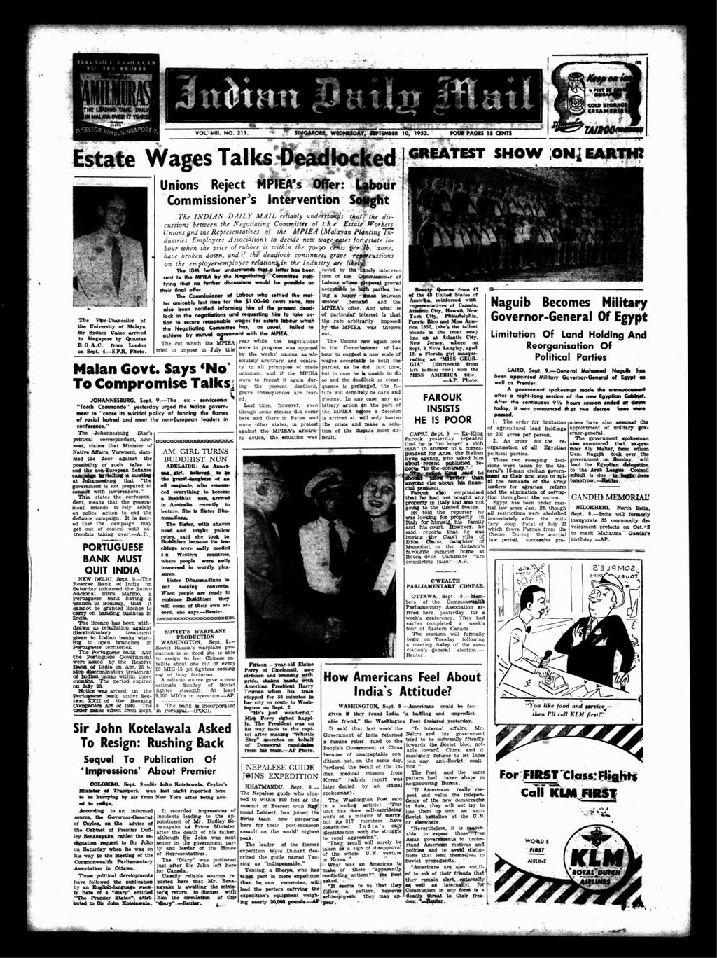 Miniature of Indian Daily Mail 10 September 1952