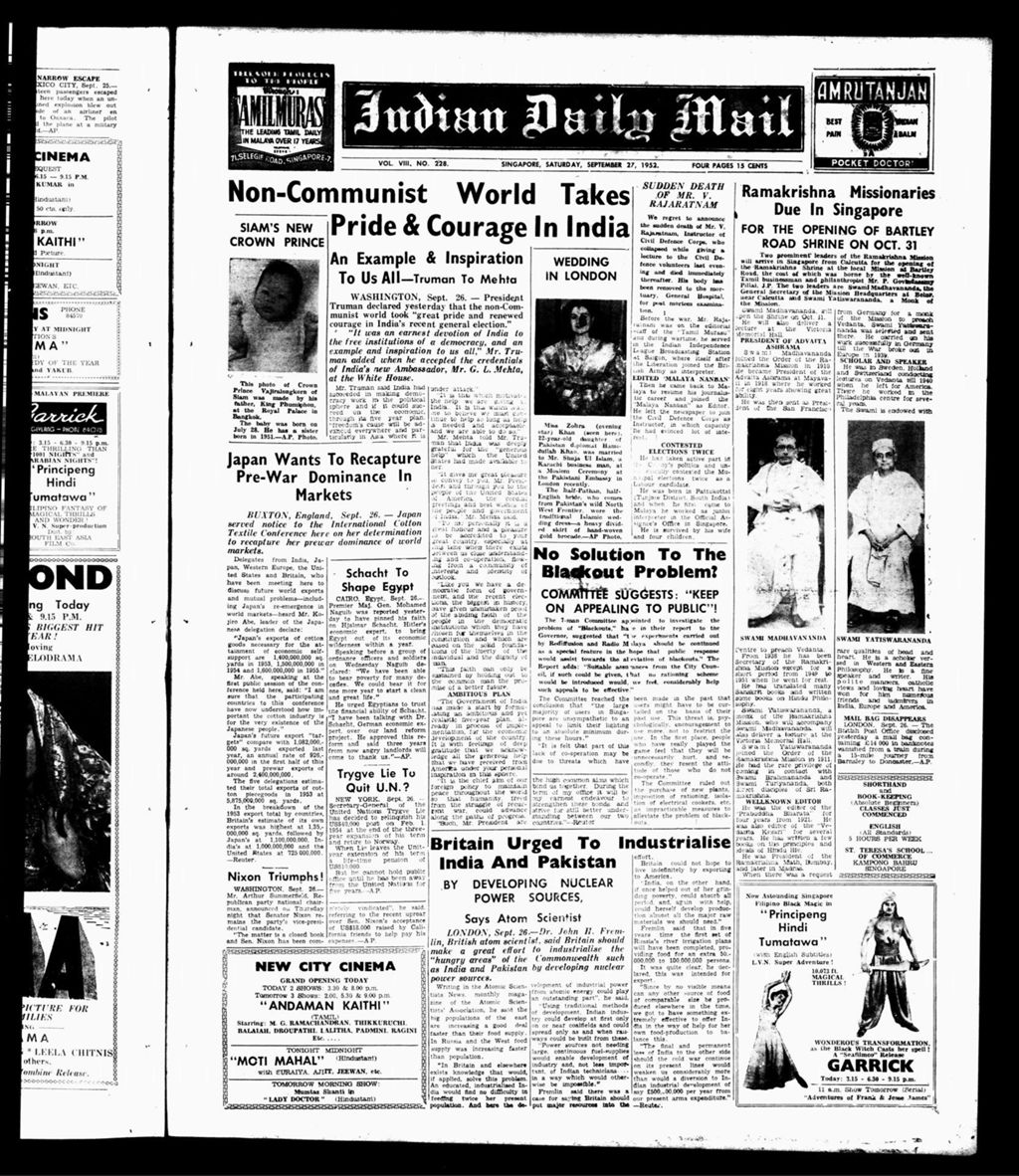 Miniature of Indian Daily Mail 27 September 1952