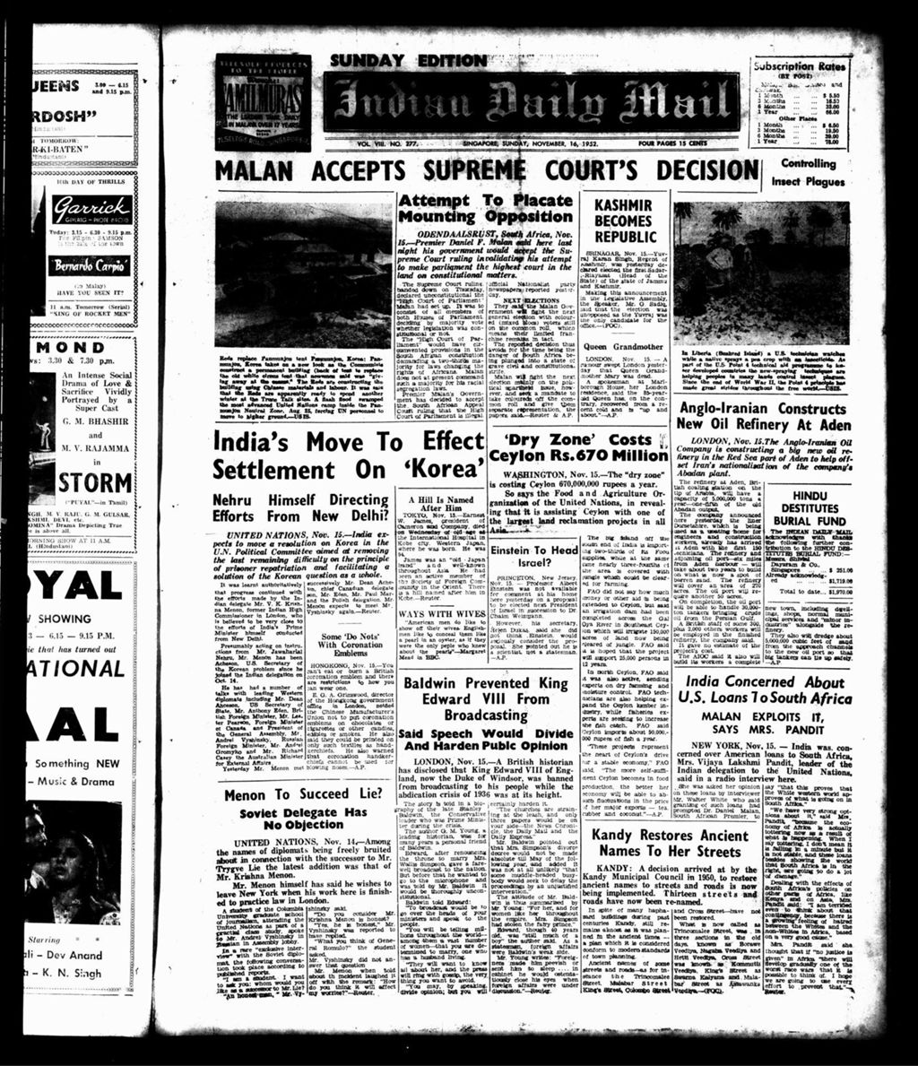 Miniature of Indian Daily Mail 16 November 1952