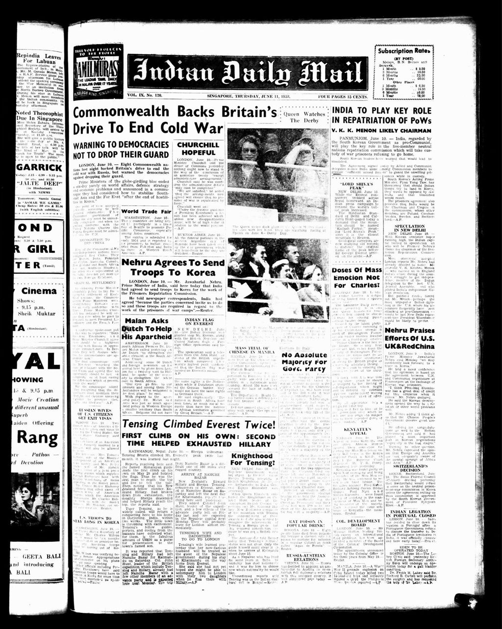 Miniature of Indian Daily Mail 11 June 1953