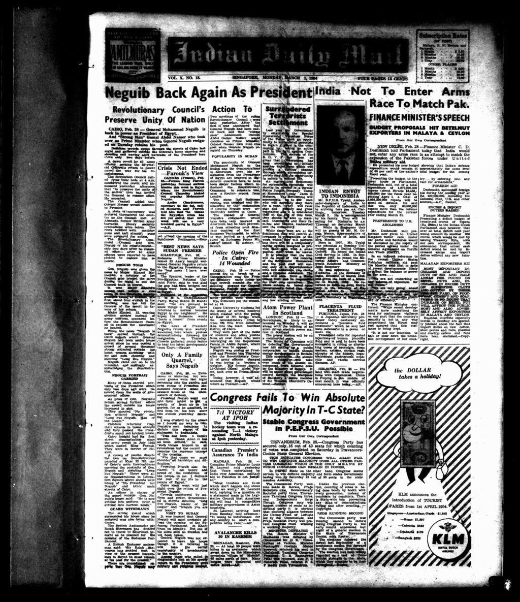 Miniature of Indian Daily Mail 01 March 1954