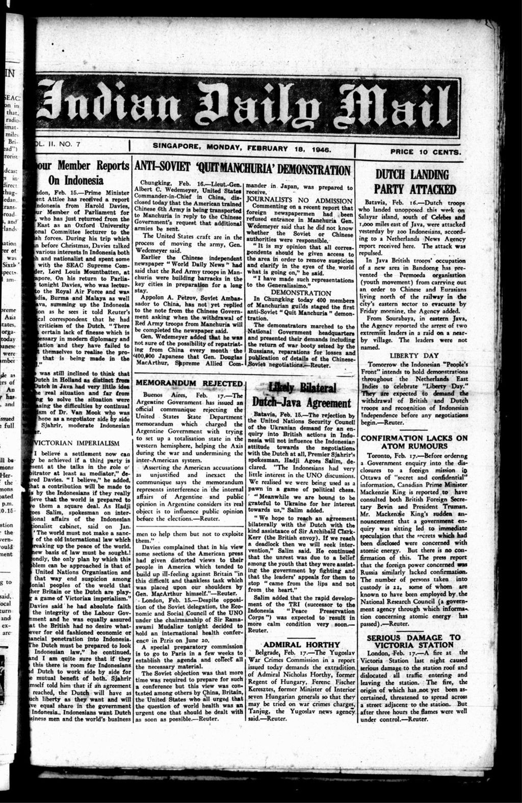 Miniature of Indian Daily Mail 18 February 1946