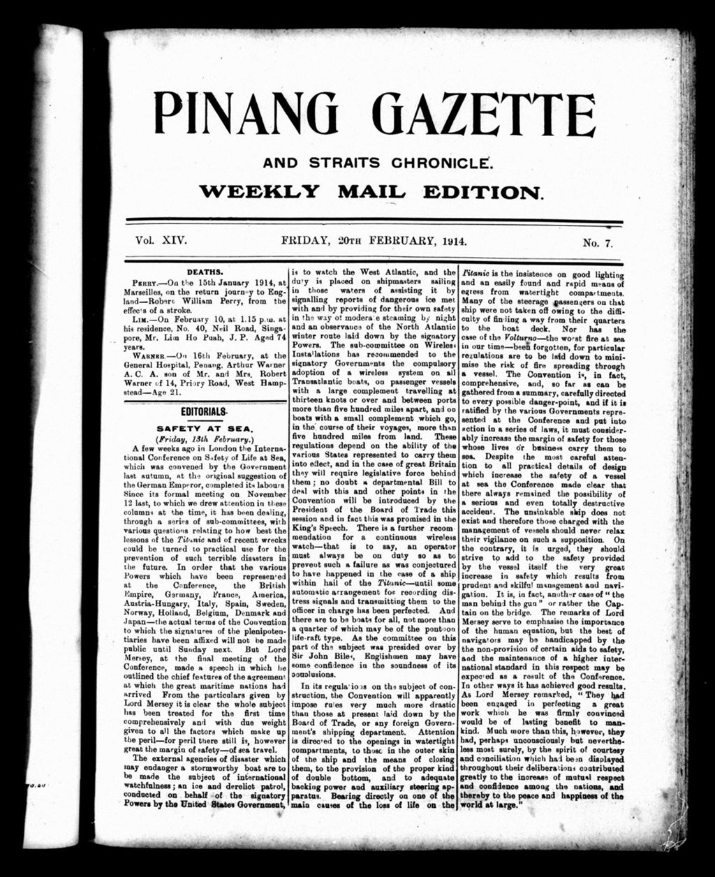 Miniature of Pinang Gazette and Straits Chronicle Weekly Mail Edition 20 February 1914