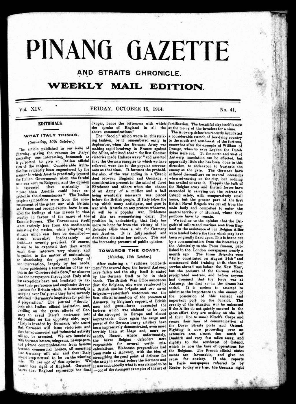 Miniature of Pinang Gazette and Straits Chronicle Weekly Mail Edition 16 October 1914