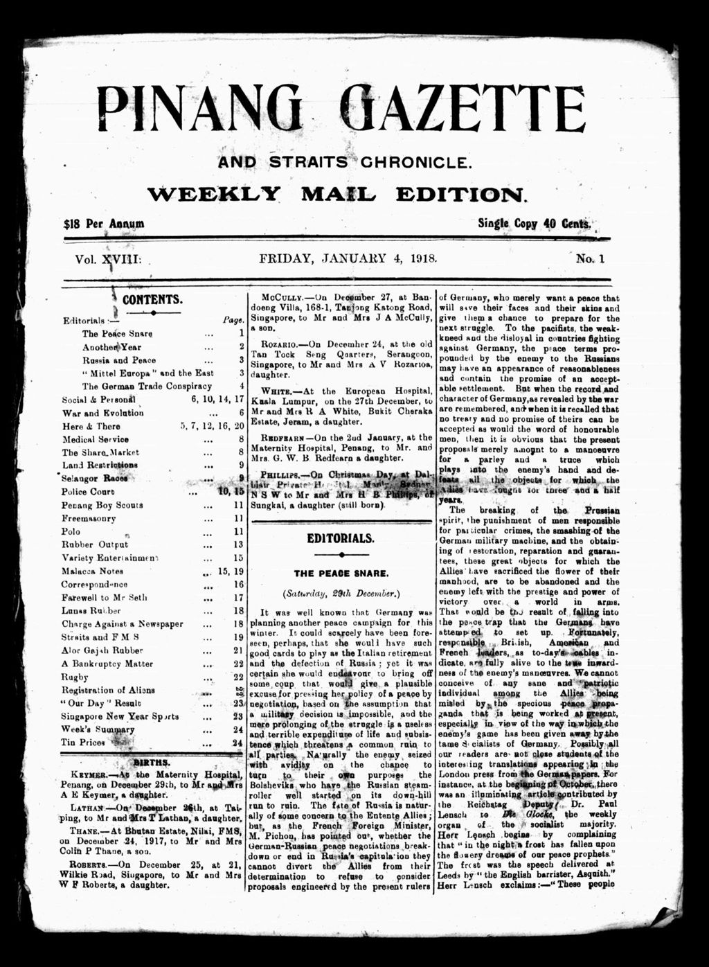 Miniature of Pinang Gazette and Straits Chronicle Weekly Mail Edition 04 January 1918