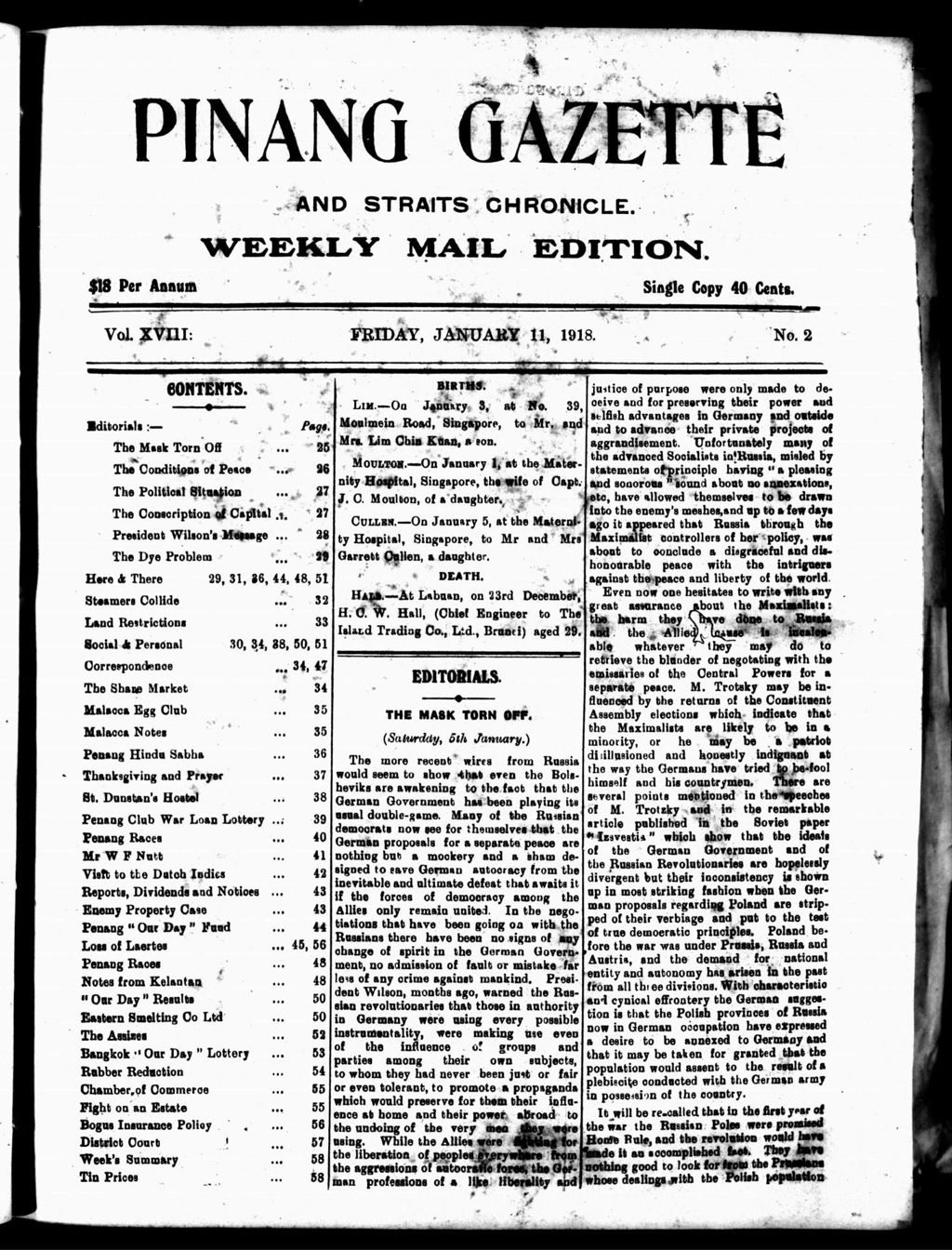 Miniature of Pinang Gazette and Straits Chronicle Weekly Mail Edition 11 January 1918