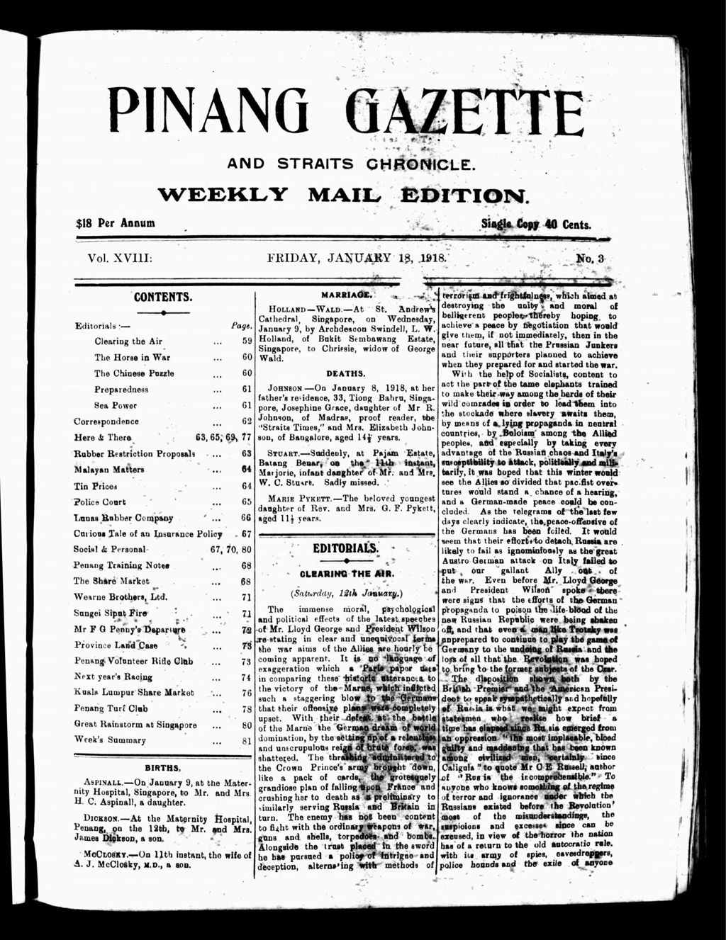 Miniature of Pinang Gazette and Straits Chronicle Weekly Mail Edition 18 January 1918